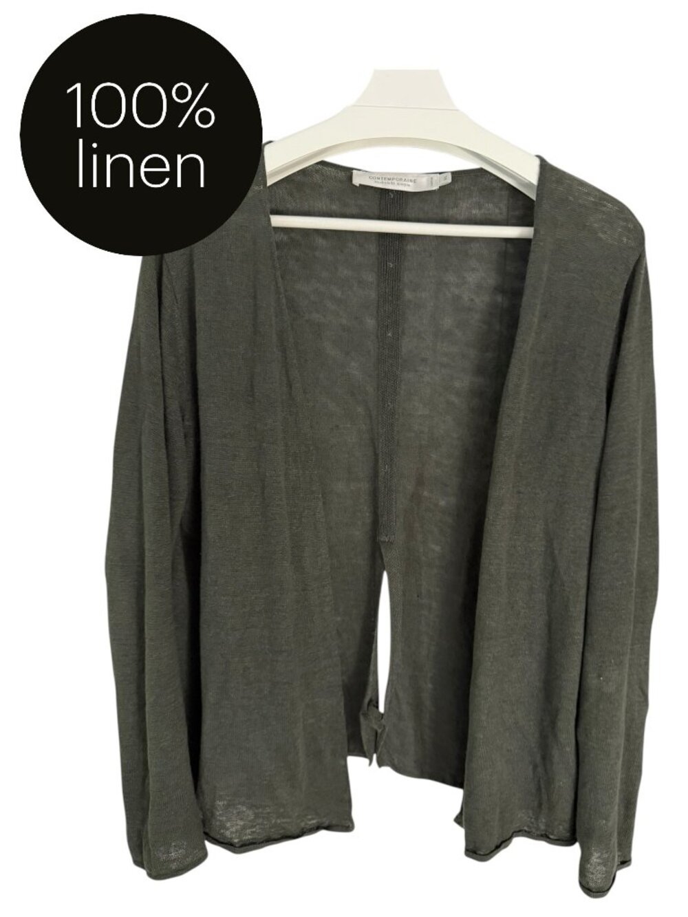 CONTEMPORAINE olive green Linen Cardigan Open Front Button Back size L